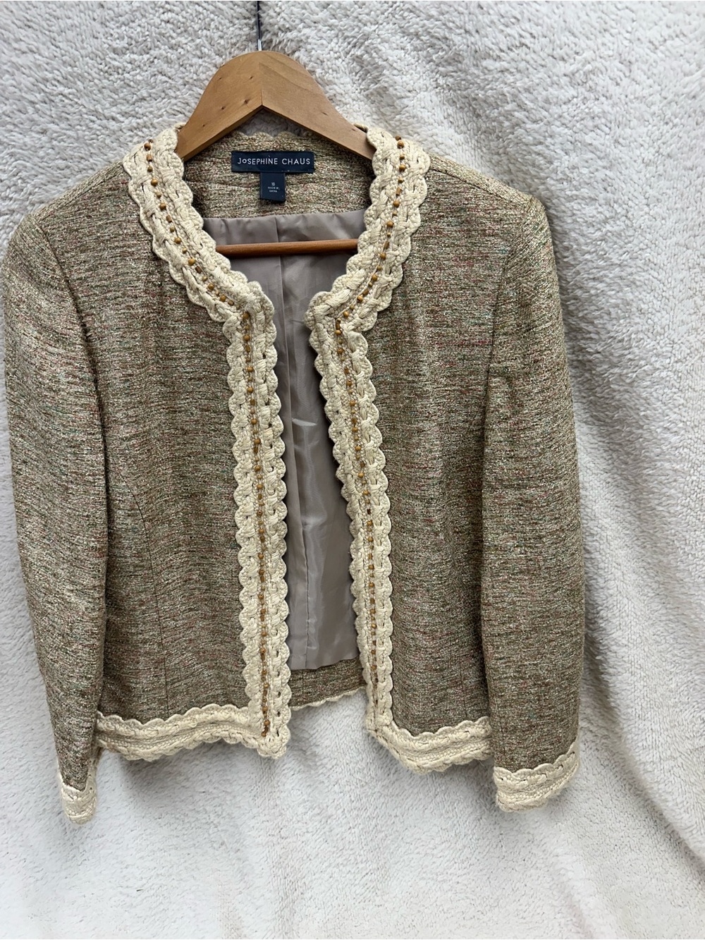Josephine Chaus Beige Tweed Open-Front Jacket with Cream Trim